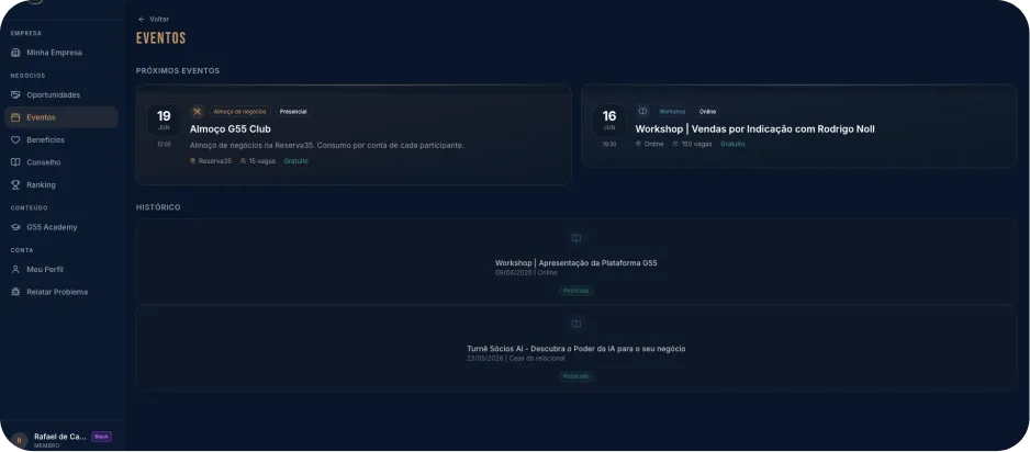 Tela da plataforma G55 com agenda de eventos